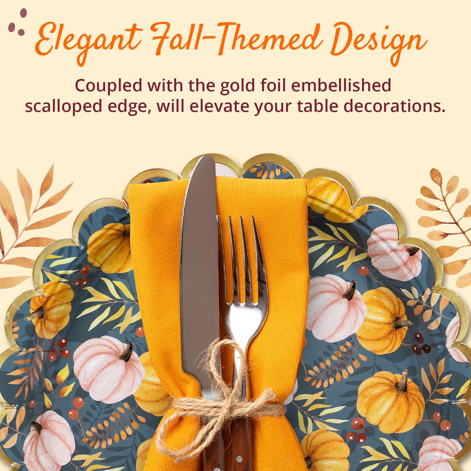 50-Count Disposable Thanksgiving Paper Plates - Scalloped Edge Pumpkin Design Slate Grey - Elegant Dinner Party Supplies for Holiday Gatherings, Family Feasts & Autumn Celebrations
