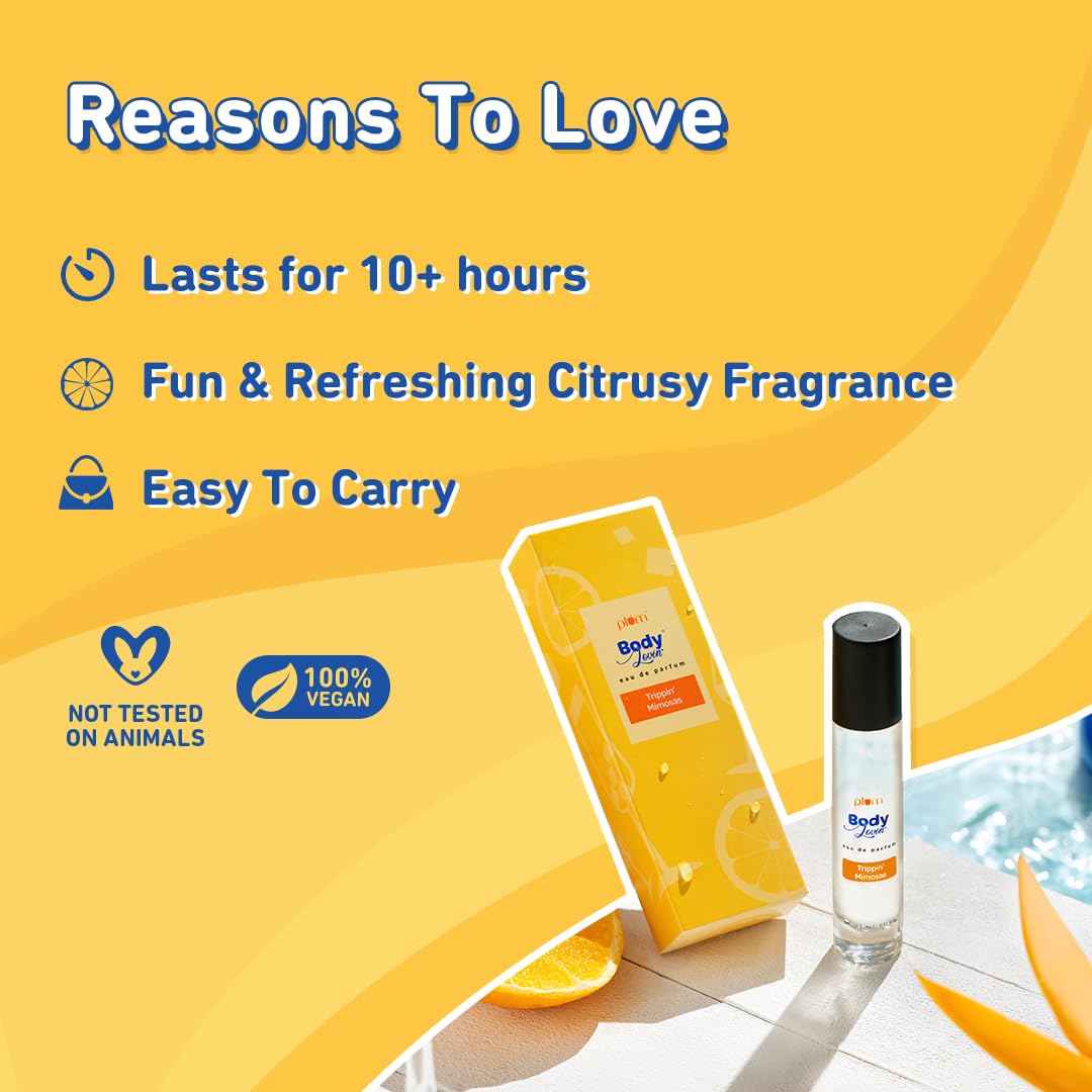 Plum BodyLovin' Trippin' Mimosas Eau De Parfum | Long-Lasting Citrus Perfume with Grapefruit, Berries & Vanilla Notes | Unisex Luxury Fragrance for Women & Men | Travel-Size 15ml | Perfect for Date Nights, Office Wear & Special Occasions