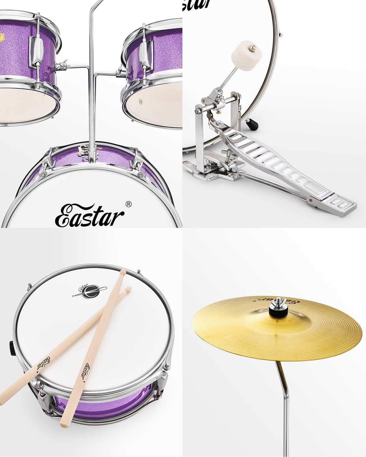 Eastar 14 Inch 3-Piece Junior Drum Set for Beginners - Complete Kit with Bass Drum, Tom, Snare, Adjustable Throne, Cymbal, Pedal & Drumsticks (Metallic Purple) - Perfect for Kids, Teens & First-Time Drummers - Home Practice, Music Lessons & Rock Band Performances