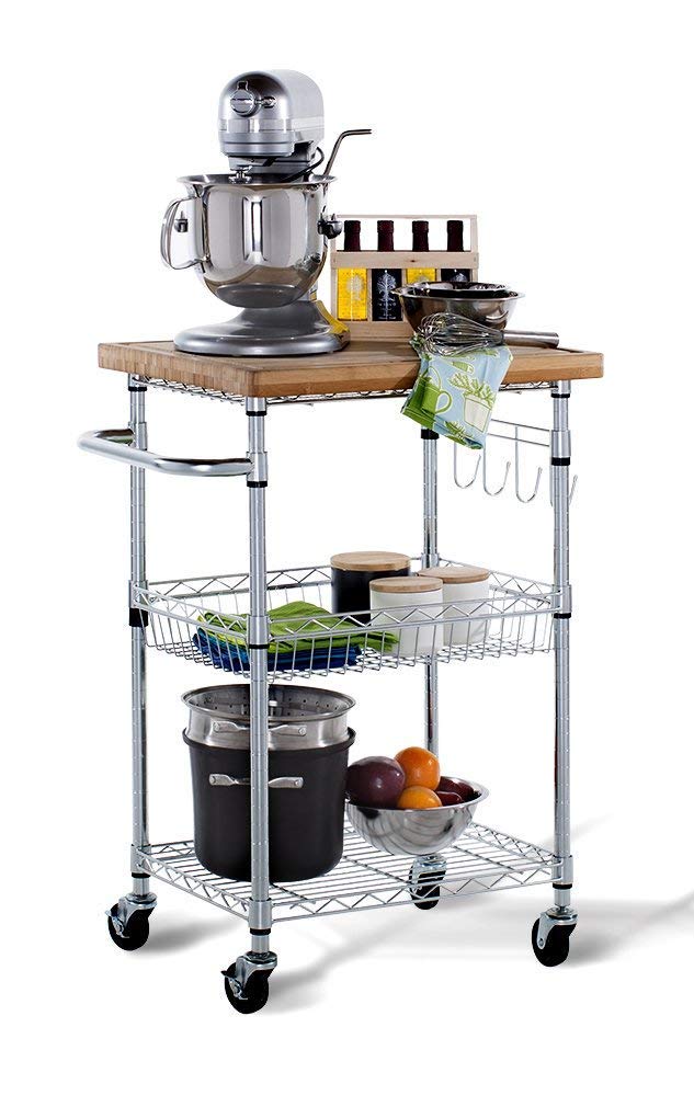 TRINITY EcoStorage Bamboo Kitchen Cart with Chrome Wheels - Rolling Kitchen Island Organizer for Small Spaces, Countertop Storage Solution for Pantry, Dining Room & Apartment Living