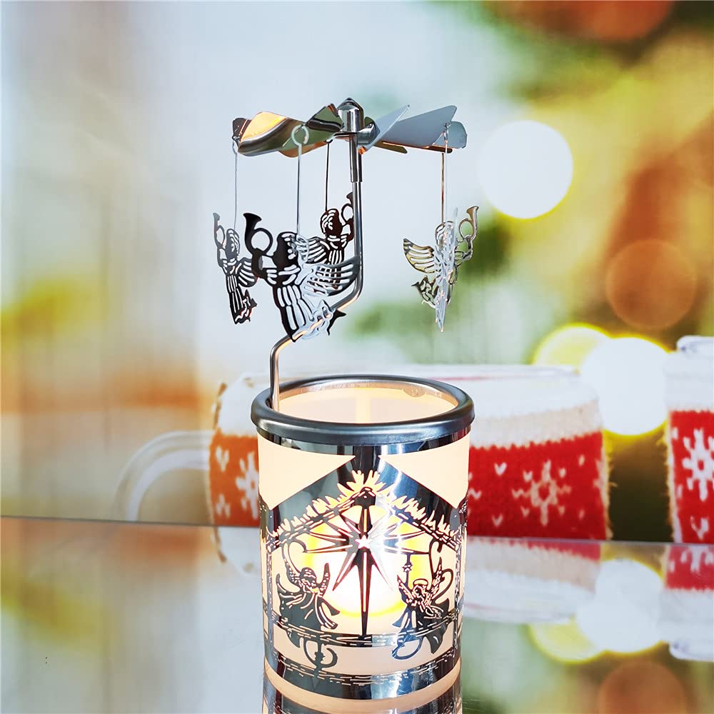 Rotating Carousel Candle Holder - Metal Spinning Tea Light Candle Stand for Home Decor, Wedding, Party & Romantic Dinner (Silver Angel Design)