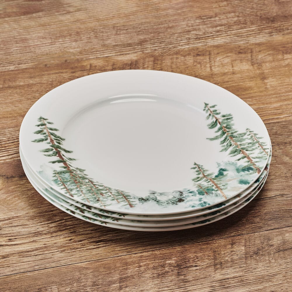 Set of 4 Watercolor Forest Design Ceramic Dinner Plates - Elegant Tableware for Home Dining, Parties & Gift Giving