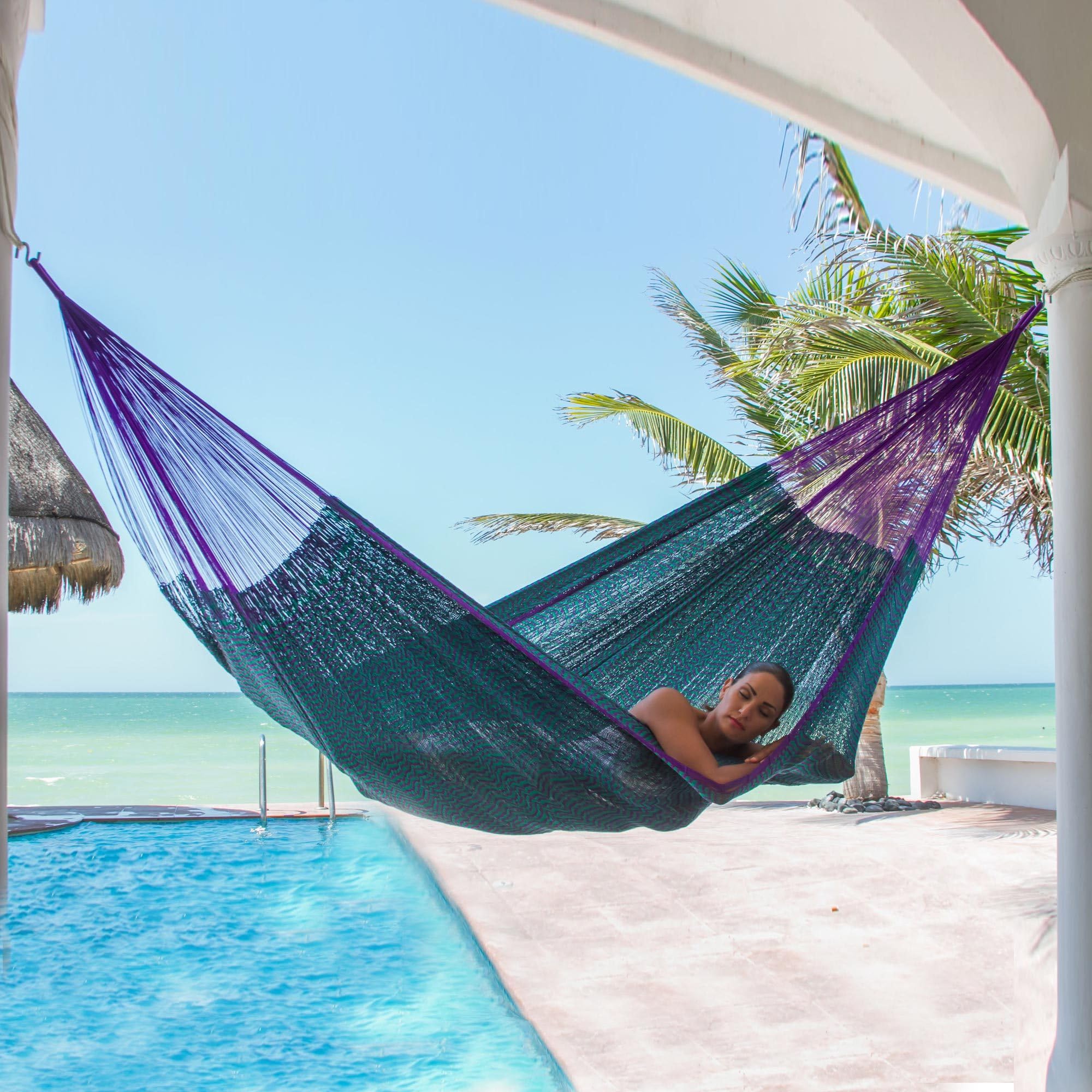 NOVICA XL Double Rope Hammock - Handwoven Mayan Nylon in Purple, Green & Teal - Royal Pheasant Design - Perfect for Backyard, Patio & Beach Relaxation