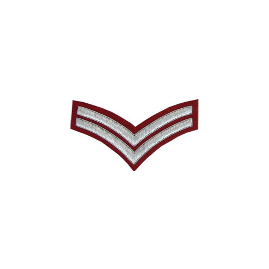 2 Stripe Chevrons Badge - Silver Bullion on Red Background - Military Insignia for Uniforms, Caps & Collectibles - Perfect for Veterans, Law Enforcement & Patriotic Displays