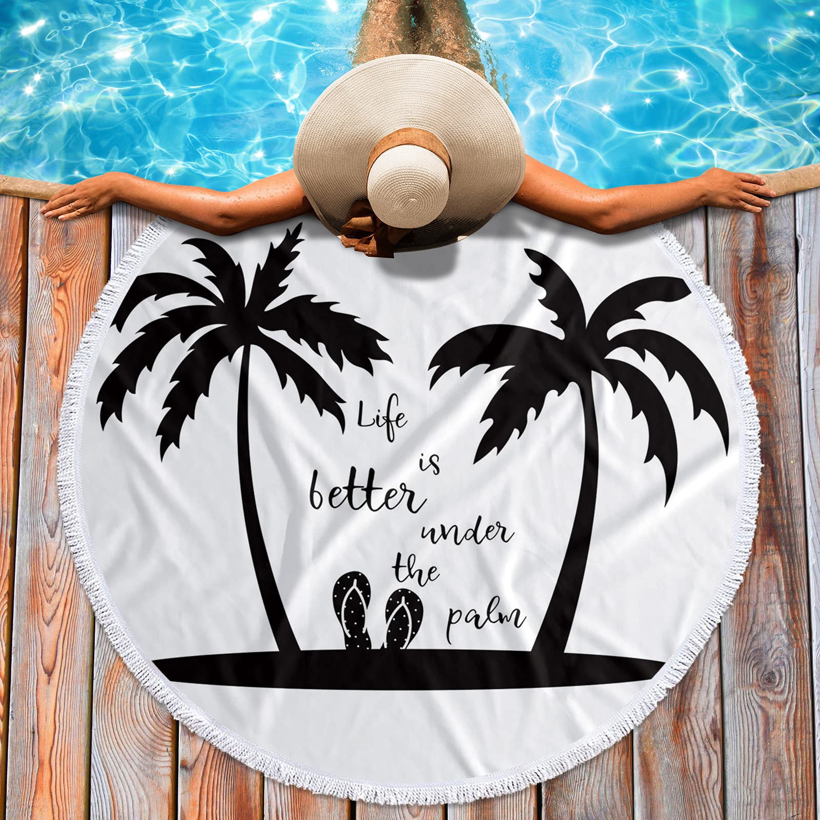 Premium Quick-Dry Super Absorbent Sand-Proof Round Beach Towel Blanket - 59 Inch Large Outdoor Travel Swim Mat for Women & Men - Perfect for Beach, Pool, Picnic & Travel - Life is Better Under The Palm