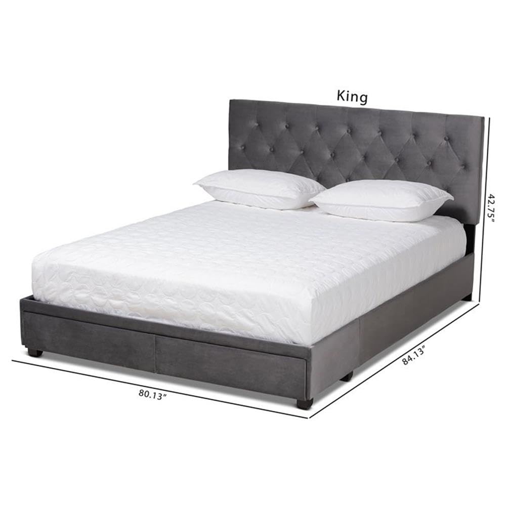 Baxton Studio Caronia Modern Grey Velvet Upholstered Queen Platform Storage Bed with 2 Drawers - Perfect for Small Bedrooms & Guest Rooms