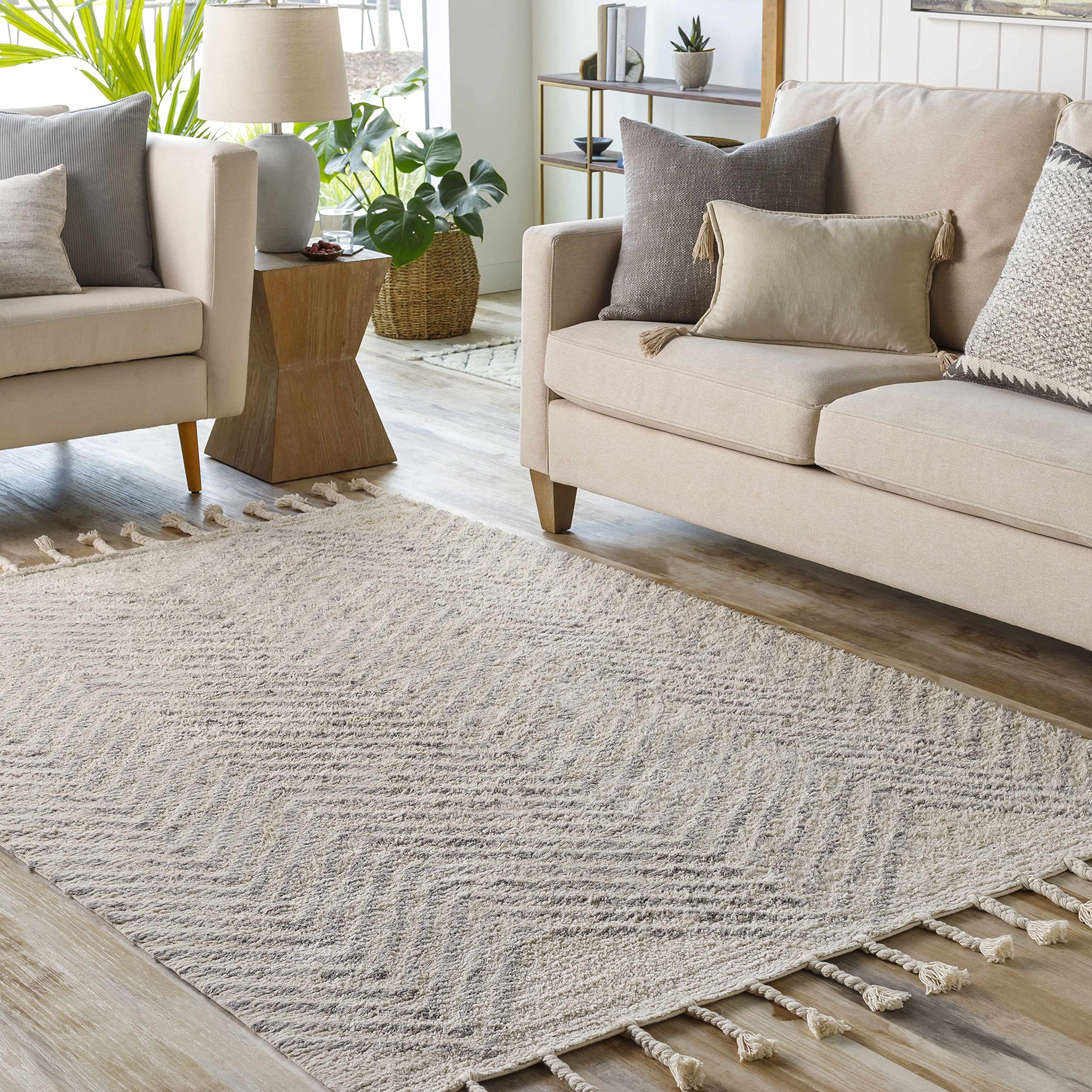 Bohemian Transitional Area Rug 8' x 10' - Gray & Cream Handwoven Rug for Living Room & Bedroom - Soft Non-Slip Floor Covering for Home Decor, Yoga Space & Cozy Reading Nook