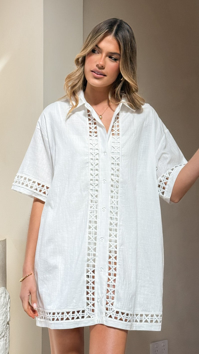 Halia Mini Shirt Dress for Women - Casual White Summer Dress with Short Sleeves & Button Front | Perfect for Beach Outings, Brunch Dates, and Weekend Getaways