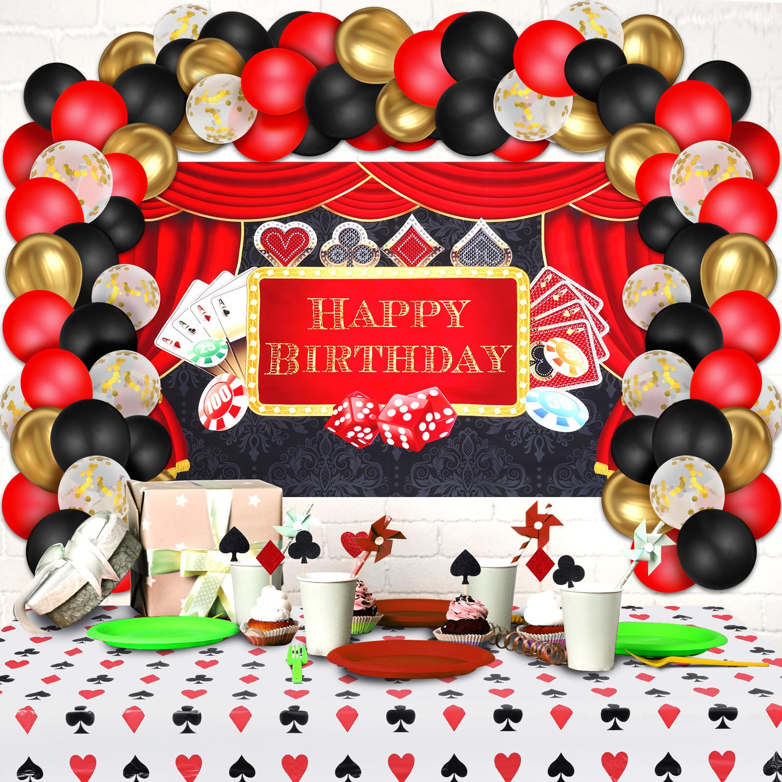 79-Piece Casino Theme Party Decorations Kit - Las Vegas Night Backdrop, Balloon Garland, Tablecloth, Cake Toppers & Foil Balloons for Casino Birthday, Bachelorette & Themed Events