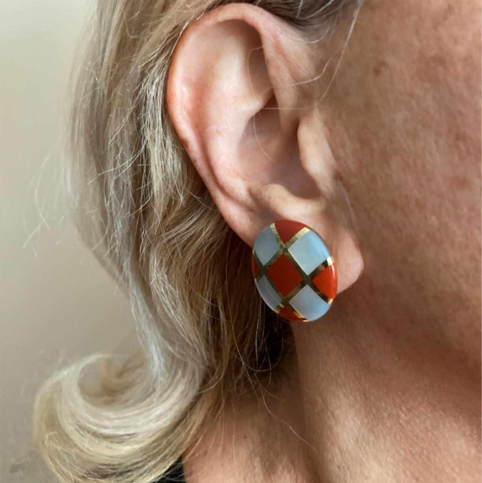 Tiffany & Co Cummings 18k Gold Mother of Pearl Carnelian Checkerboard Earrings - Luxury Jewelry for Women, Perfect for Weddings, Parties & Special Occasions