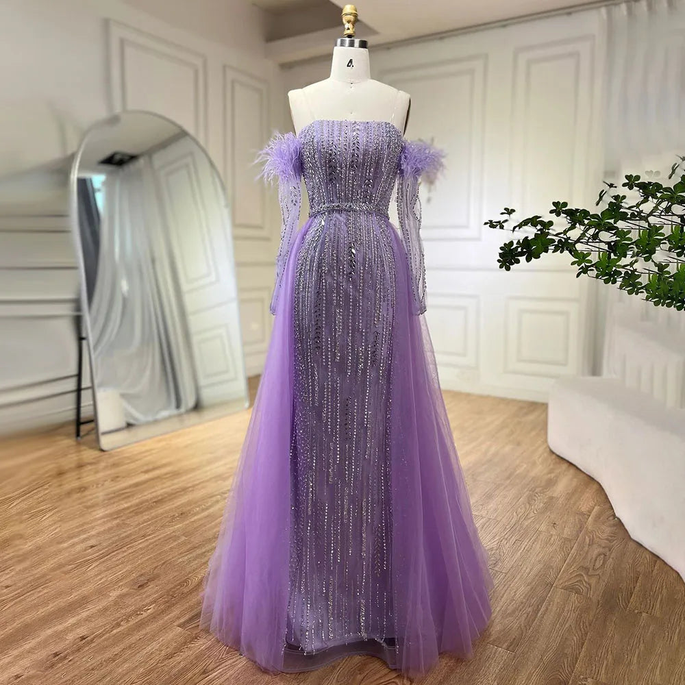 Elegant Lilac Mermaid Evening Dress with Feather Beaded Overskirt & Gloves - Women's Formal Gown for Prom, Wedding, and Special Occasions - LA72029