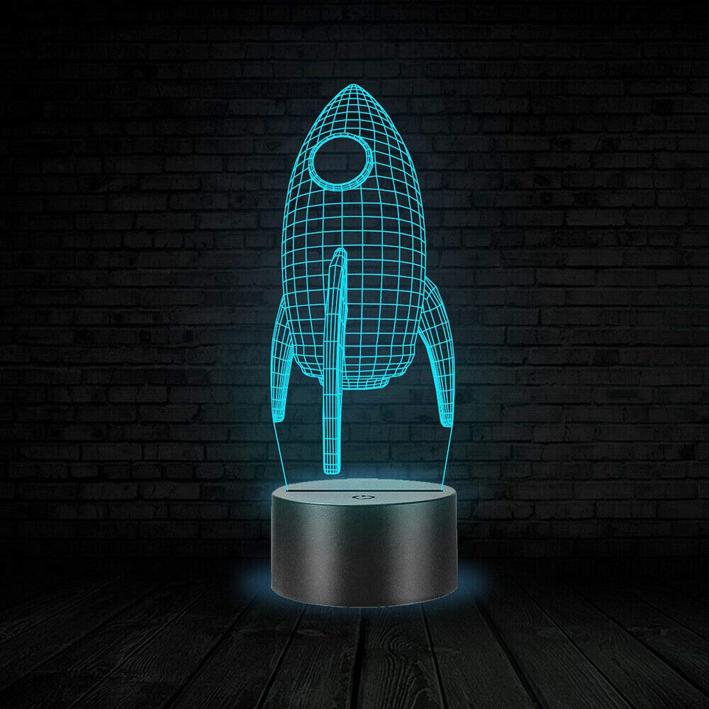 3D Rocket LED Night Light with Touch Switch - 7 Color Changing Table Lamp for Kids Room, Nursery, Christmas Decor, Birthday Gift, Home Office Desk Decor (Optical Illusion Design)