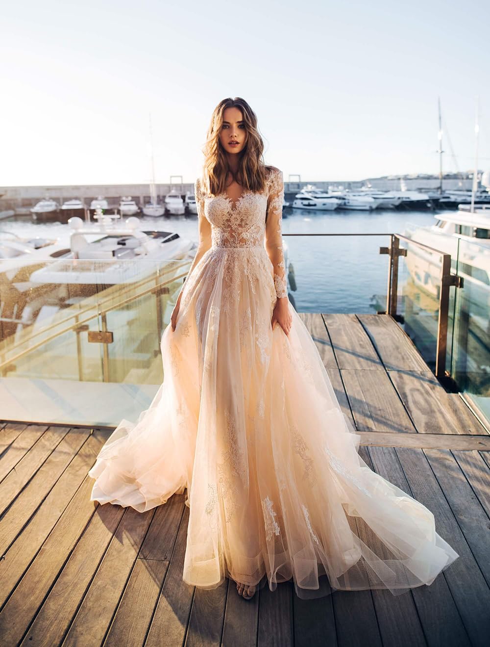 Clothfun Women's Lace Mermaid Beach Wedding Dress 2024 - Long Sleeve Bridal Gown for Bride | Perfect for Beach Weddings, Destination Ceremonies & Romantic Photos