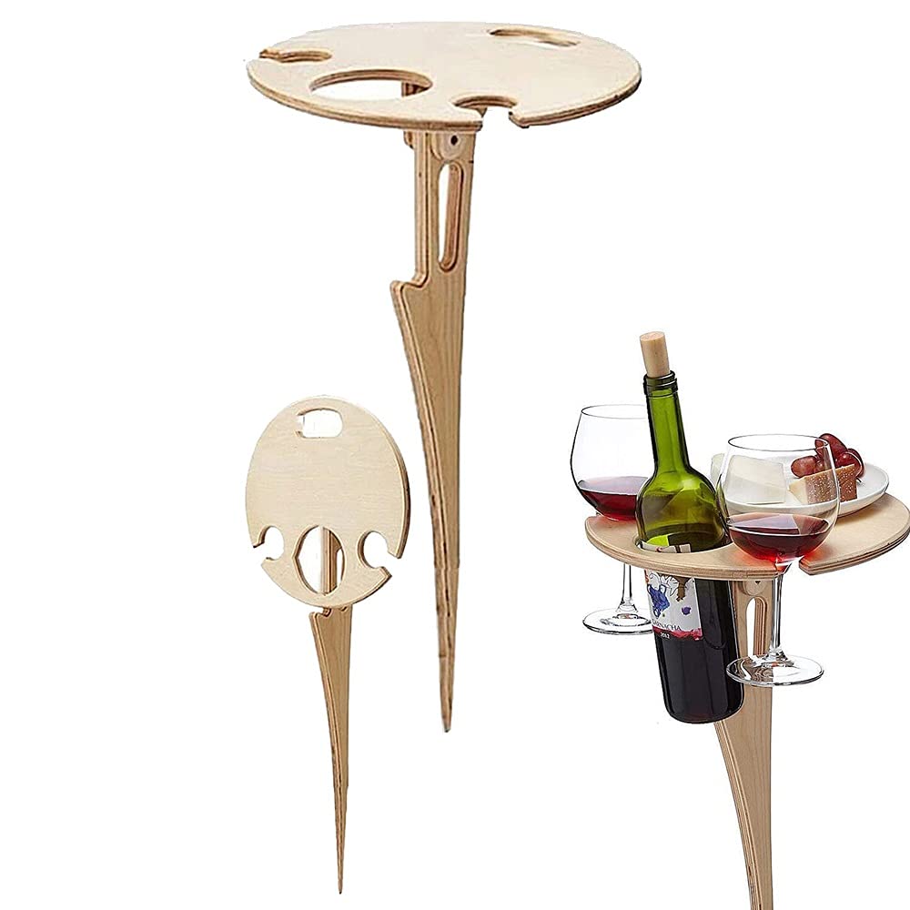 AJIC Portable Folding Wine Table - Lightweight Wooden Picnic Table for Camping, Beach, Garden & Outdoor Travel | Perfect for BBQs, Parties & Relaxing in Backyard, Park or Vacation | with Base Included