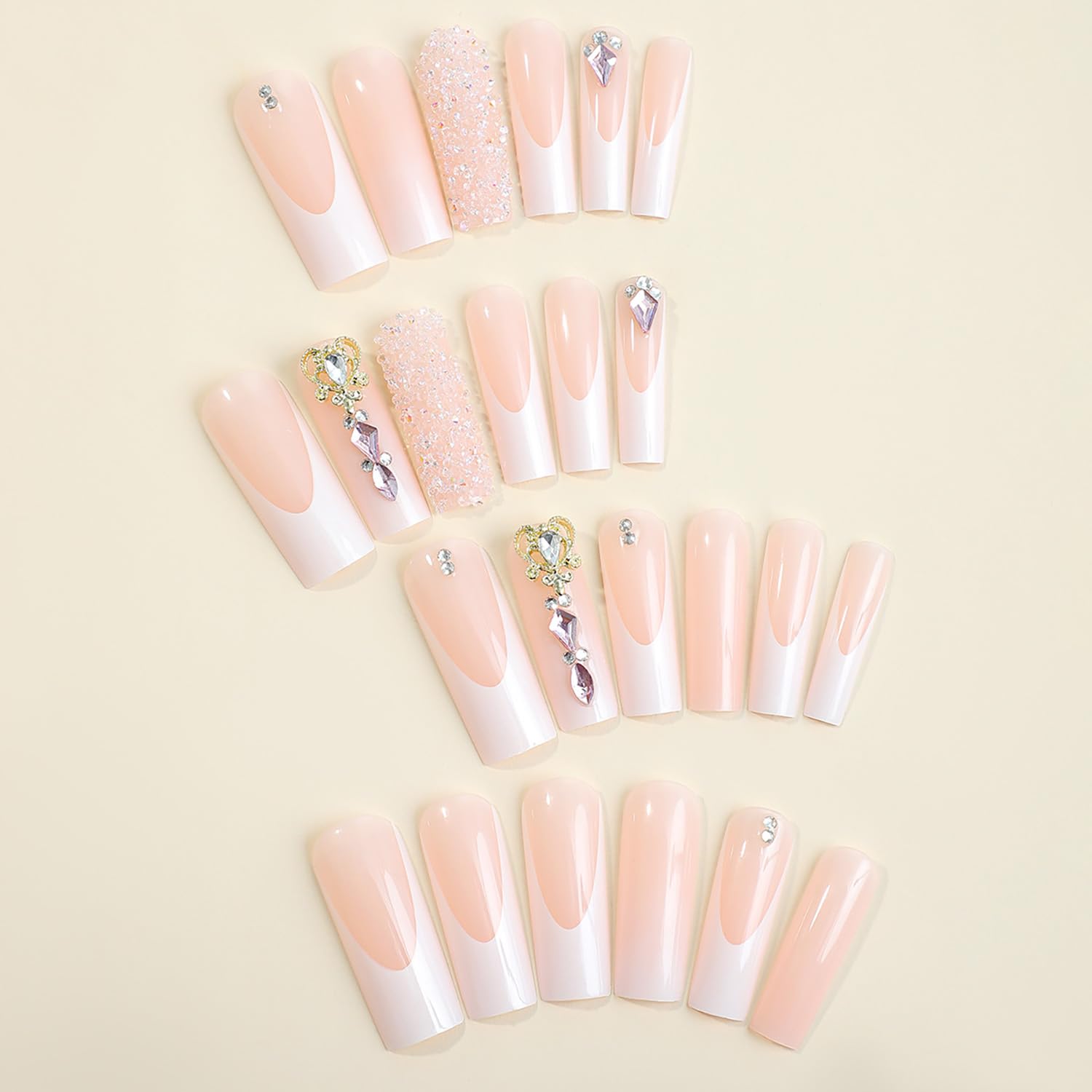 Long Coffin Press On Nails - Glossy Full Cover Acrylic French Tip False Nails with Diamond Designs & Charms - Square Fake Stick On Nails for Women & Girls - Perfect for Parties, Weddings & Special Occasions