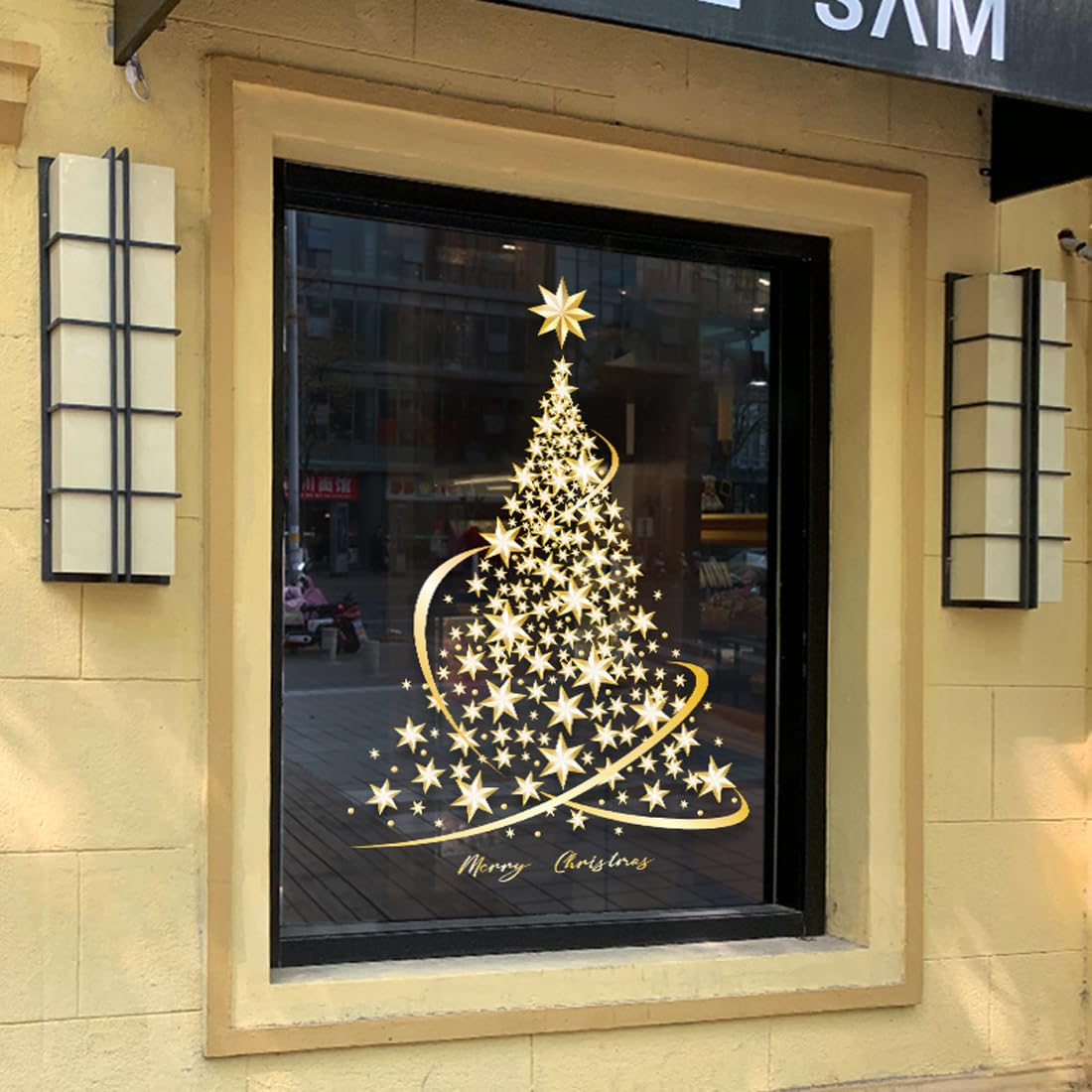 Golden Christmas Tree Window Clings Stickers - Large DIY Static Decals for Glass, Wall, Door & Showcase Decor (1 Pack) - Perfect for Holiday Home, Office & Retail Display Decorations