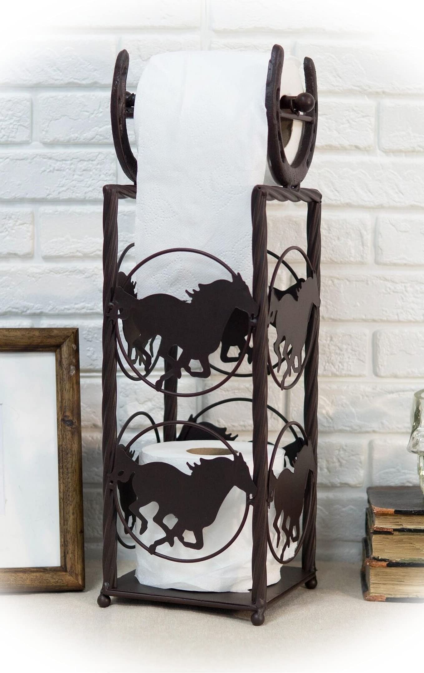 Vintage Western Rustic Cast Iron Horse & Horseshoes Toilet Paper Holder Stand - Unique Farmhouse Bathroom Decor for Home, Cabin, Ranch | Perfect Gift for Cowboy Theme & Western Style Lovers