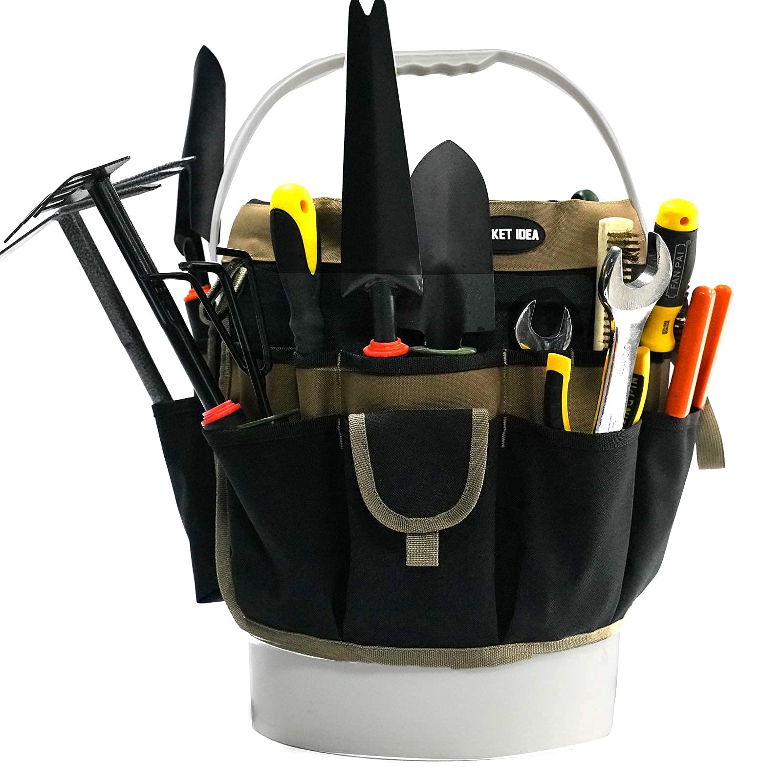 1 Pack Waxed Canvas Tool Roll Organizer & Wrench Roll Pouch + 1 Pack 35-Pocket Bucket Tool Organizer for 3.5-5 Gallon Buckets | Durable Socket Storage for Mechanics, DIY & Workshop Organization