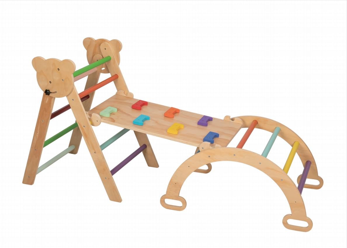 7-in-1 Foldable Montessori Pikler Triangle Set - Wooden Baby Climbing Gym with Arch, Ramp & Ladder - 3-Piece Toddler Climbing Toys for Indoor Play & Early Childhood Development