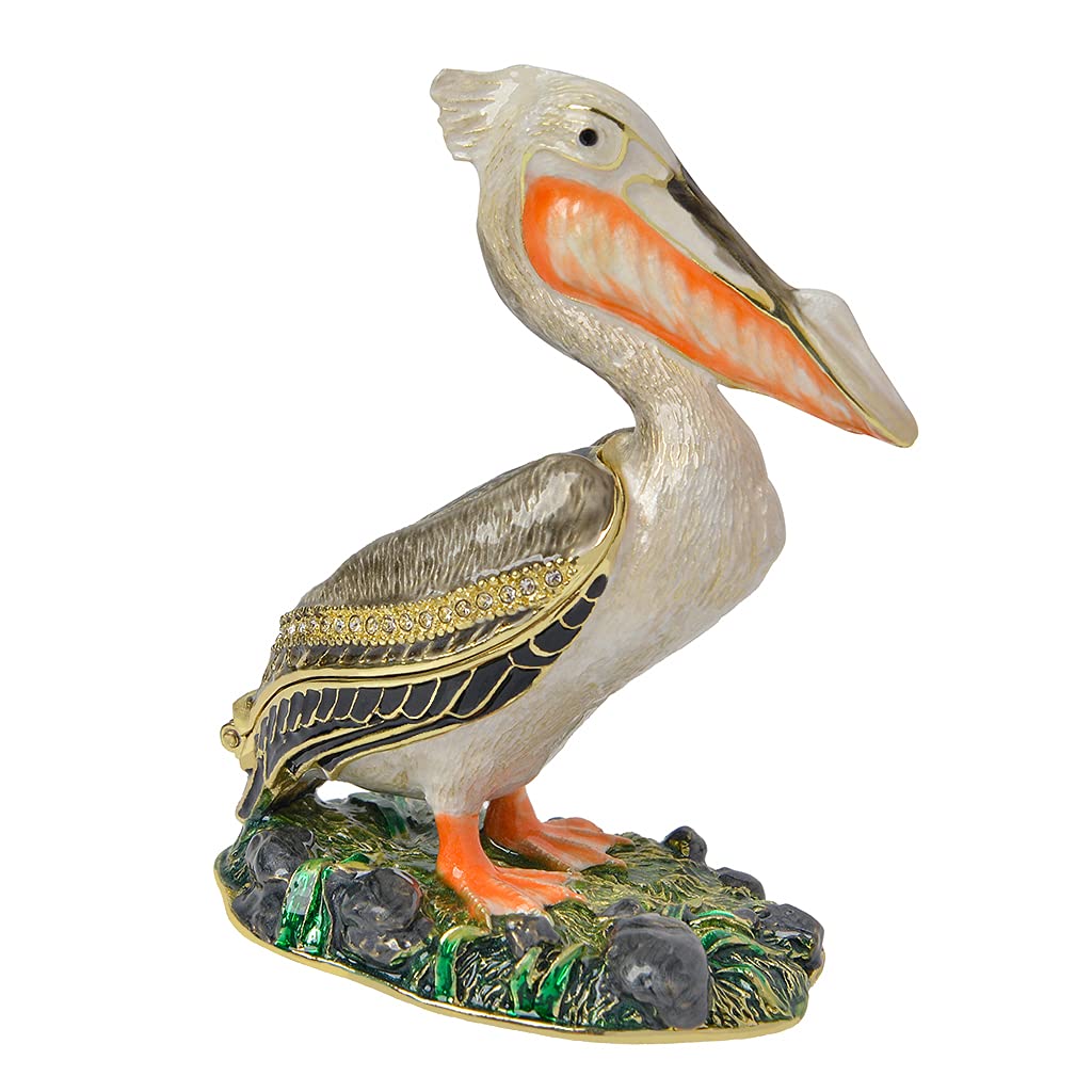 Golden Crystal Enameled Pelican Jewelry Box - Hand-Painted Hinged Bird Trinket Box for Necklaces & Rings | Elegant Home Décor & Unique Gift for Bird Lovers | Perfect for Dresser Display, Wedding Favors & Collectors