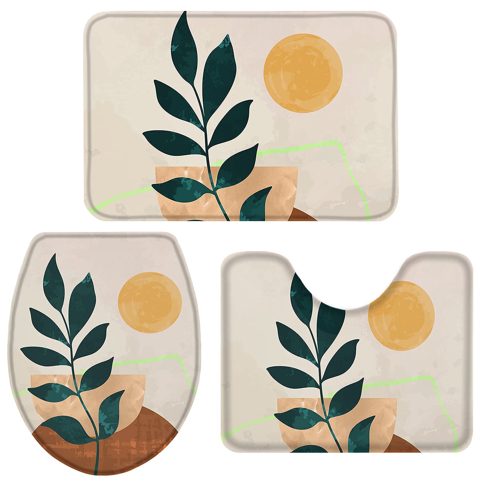 Jbralid Abstract Mid Century Modern Aesthetic Plant Print 3-Piece Bathroom Rug Set - Soft Non-Slip Shower Mat & U-Shaped Toilet Floor Mat for Vintage Style Home Decor | Perfect for Bathroom, Vanity & Spa Areas
