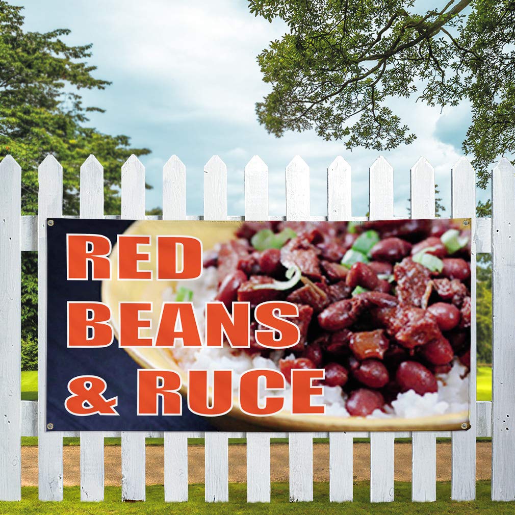 Vinyl Banner - 24x36 Inches, Weatherproof Outdoor Sign with 4 Grommets for Restaurants, Food Advertising & Industrial Yard Use | Red Beans & Rice Design