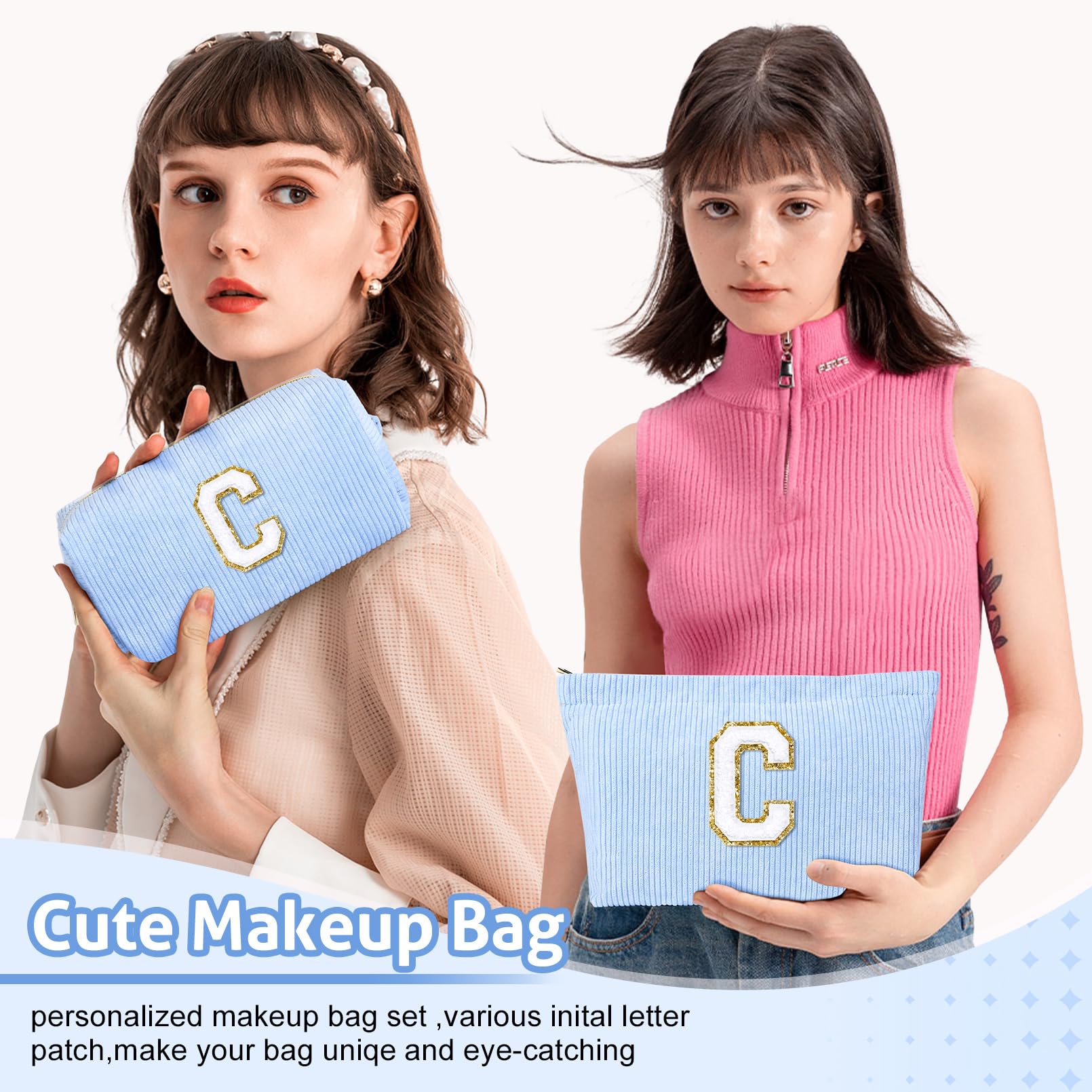 2PCS Personalized Initial Makeup Bag Set - Cute Cosmetic Pouch & Travel Toiletry Organizer for Women | Perfect Gift for Mom, Girlfriend, Wife, Teacher on Mother's Day, Birthday, Christmas | Great for Travel, Gym, Daily Makeup Storage