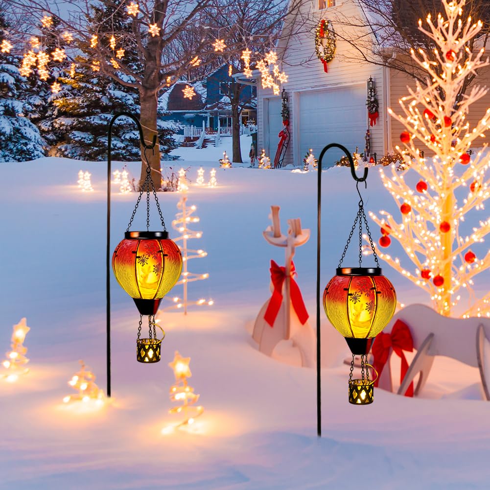 Solar Powered Hanging Lantern - Hot Air Balloon & Deer Design Outdoor Christmas Decor for Porch, Patio, Garden - Weatherproof LED Solar Light for Holiday & Party Decoration