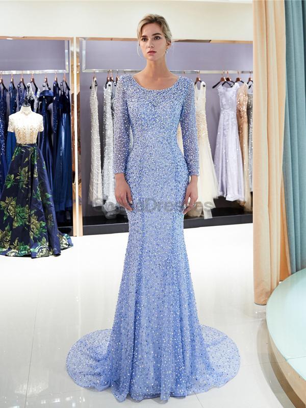 Elegant Long Sleeve Blue Beaded Mermaid Prom Dress for Evening Parties & Formal Events | Perfect for Homecoming, Prom Night & Special Occasions
