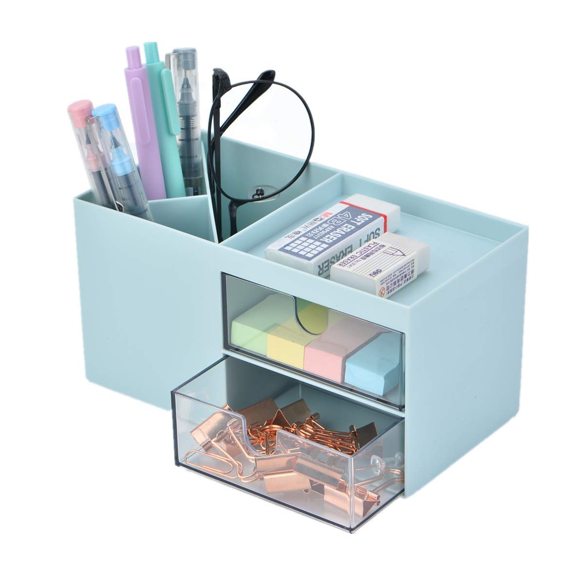 Citmage 5-Compartment Desk Organizer - Plastic Office Workspace Caddy for Pencils, Pens, Markers & Erasers - Blue Desktop Storage Box for School, Office & Home Organization