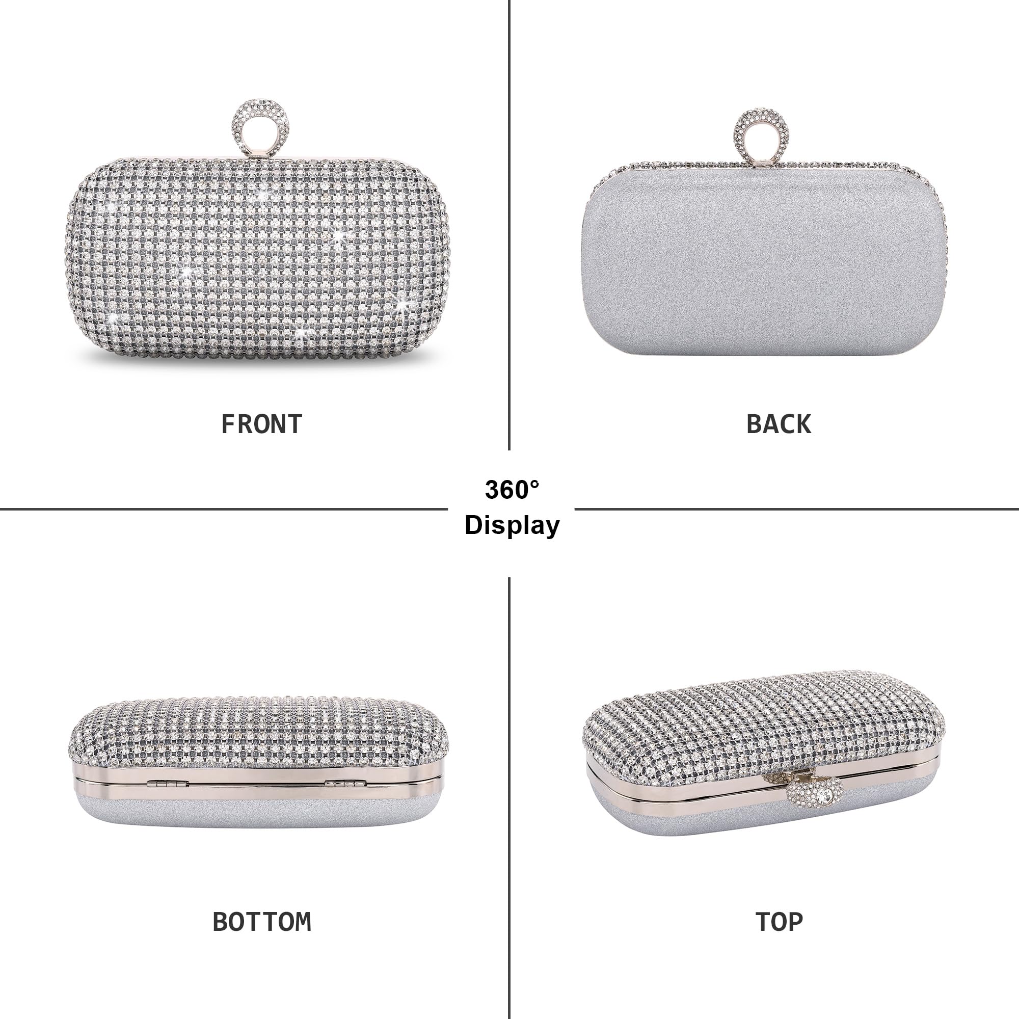 FALETO Women's Rhinestone Evening Clutch Purse - Sparkly Glitter Wedding Clutch Bag with Crystal Ring Clasp for Bridal Party, Prom, Dinner & Special Events
