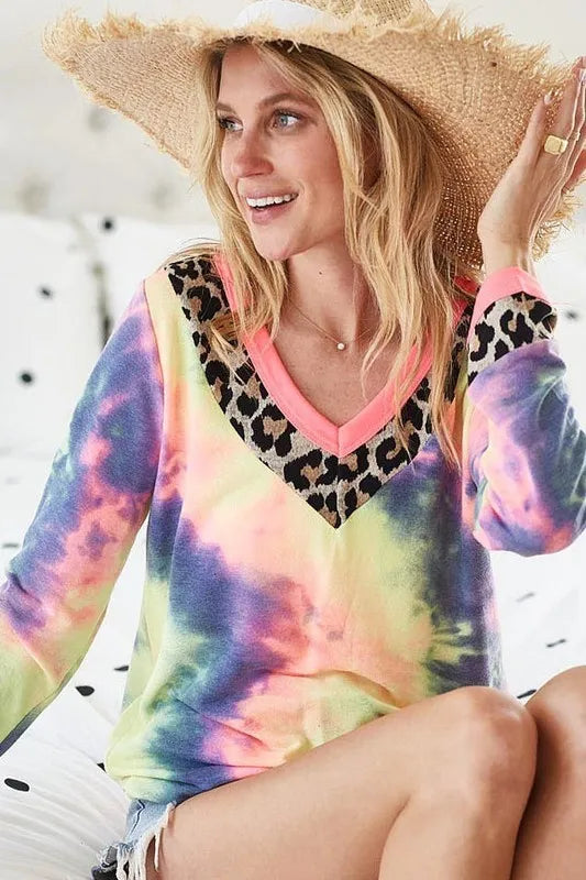 BiBi Tie Dye Terry V Neck Top - Soft Cotton Women's Casual Shirt for Summer, Beach, and Lounge Wear