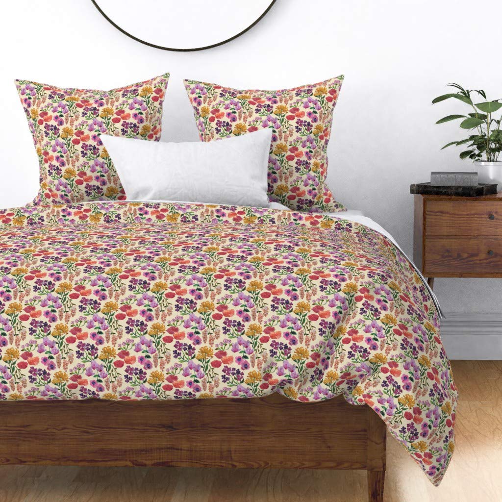 Premium Cotton Sateen Duvet Cover King/California King Size - Vintage Floral Garden Cream Print Custom Bedding Set | Elegant Hand-Painted Style for Master Bedroom Decor & Guest Room Luxury