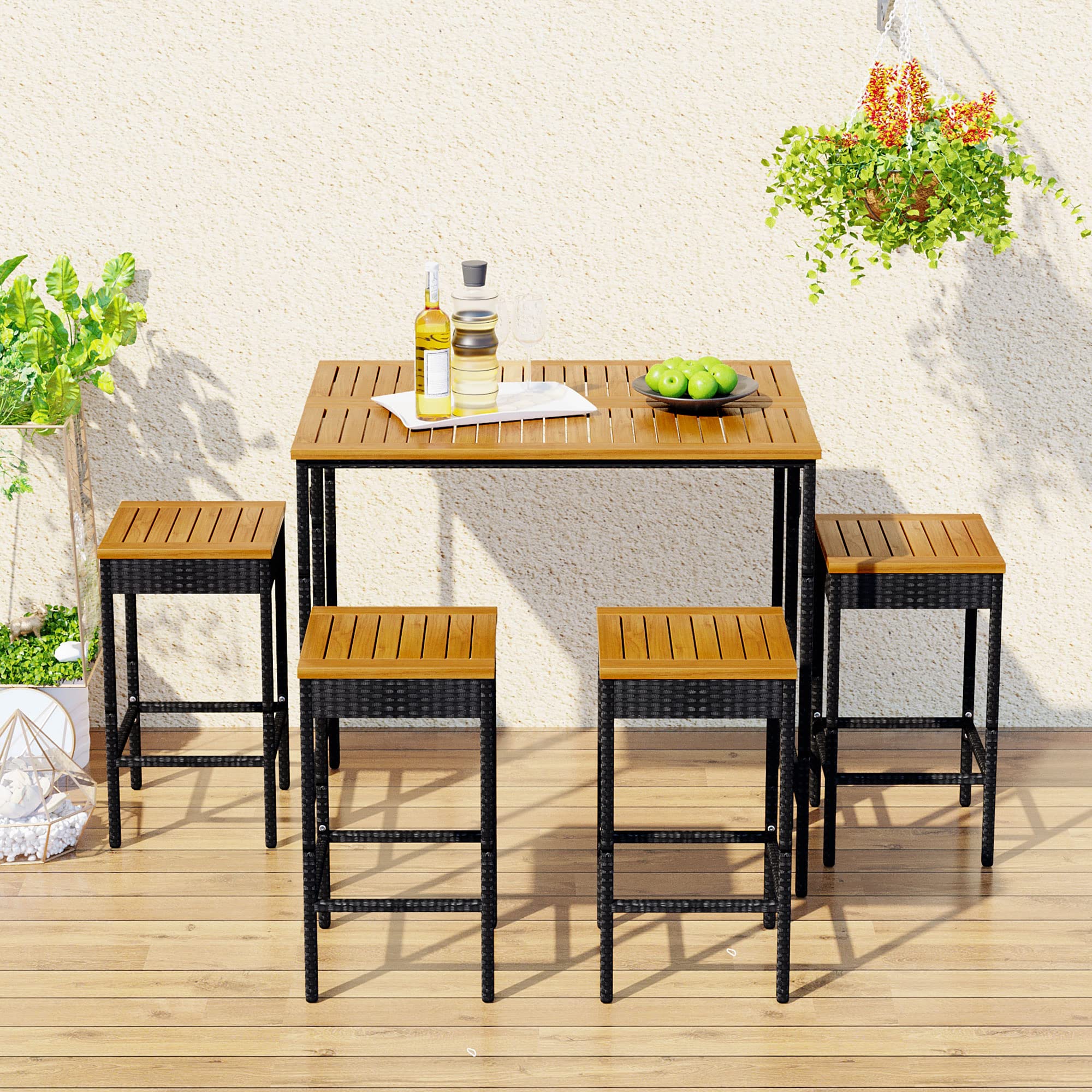 THY-HOM 5-Piece Outdoor Patio Dining Set - Weather-Resistant Wicker Table with 4 Square Stools & Wood Table Top - Perfect for Garden, Backyard, Balcony or Poolside Dining