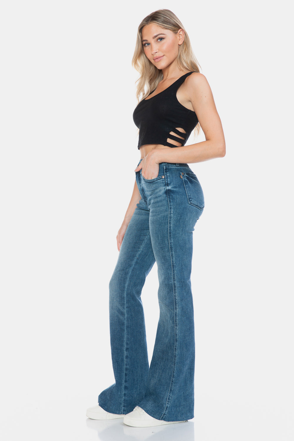 Judy Blue High Waisted Tummy Control Flare Jeans for Women - Stretch Denim Bootcut Pants with Cut Hem Detail | Perfect for Casual Wear, Office & Date Night Outfits