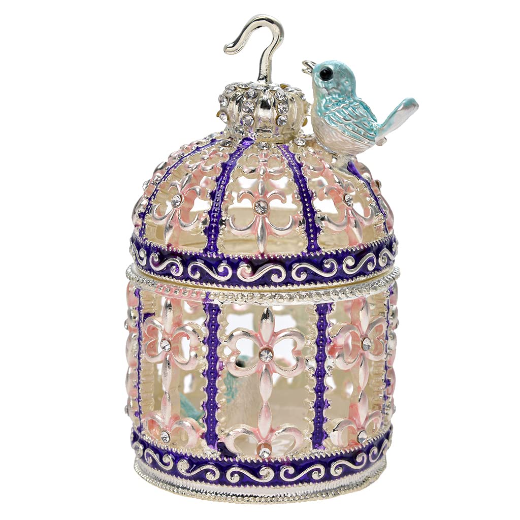 Silver Bird Cage Jewelry Box - Crystal Enameled Hand-Painted Hinged Trinket Storage for Necklaces & Rings | Elegant Home Decor & Unique Gift for Bird Lovers | Perfect for Bedroom Vanity, Wedding Favors & Collector's Display