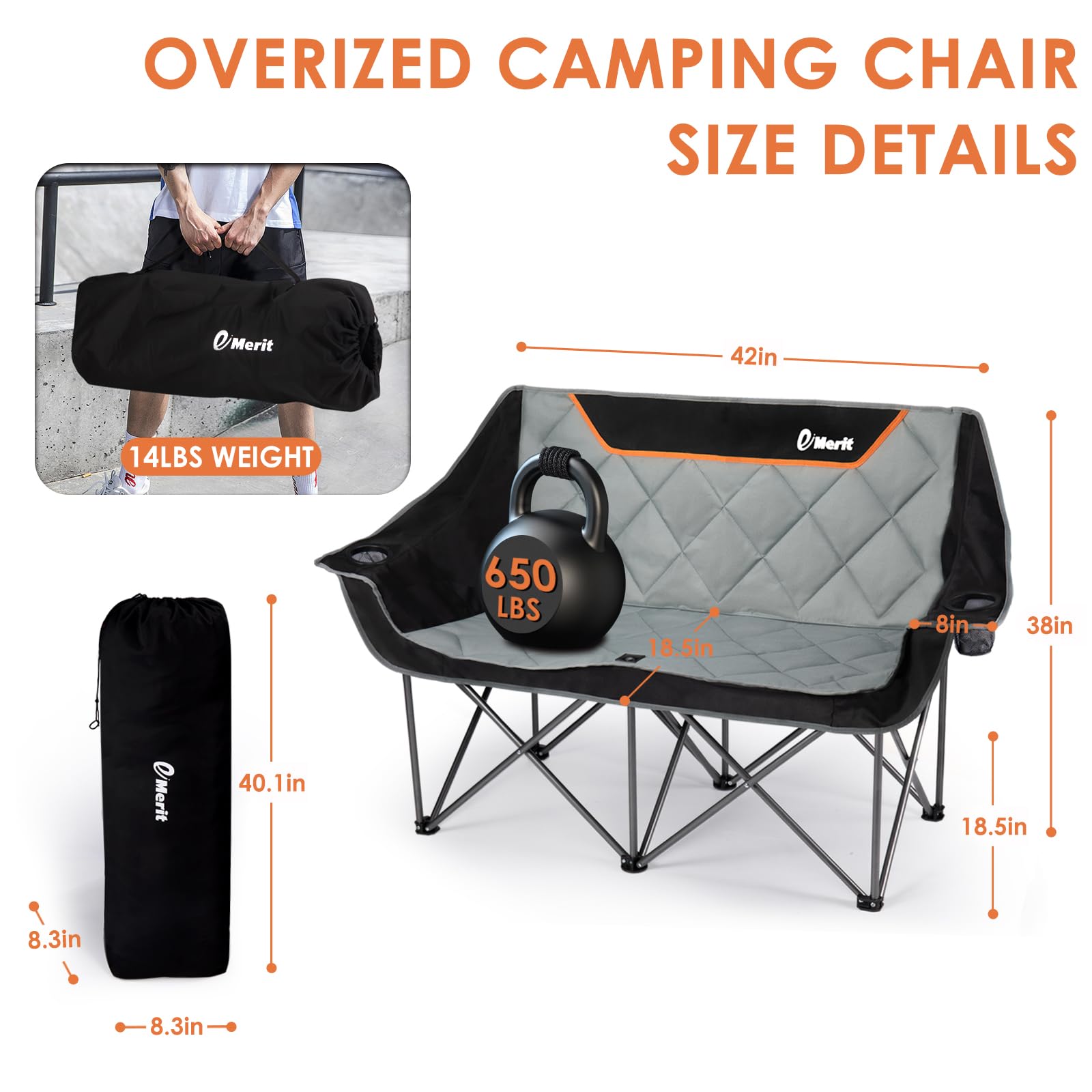EMERIT Heavy Duty 2-Person Camping Chair - 650LBS Capacity for Outdoor & Backyard Use