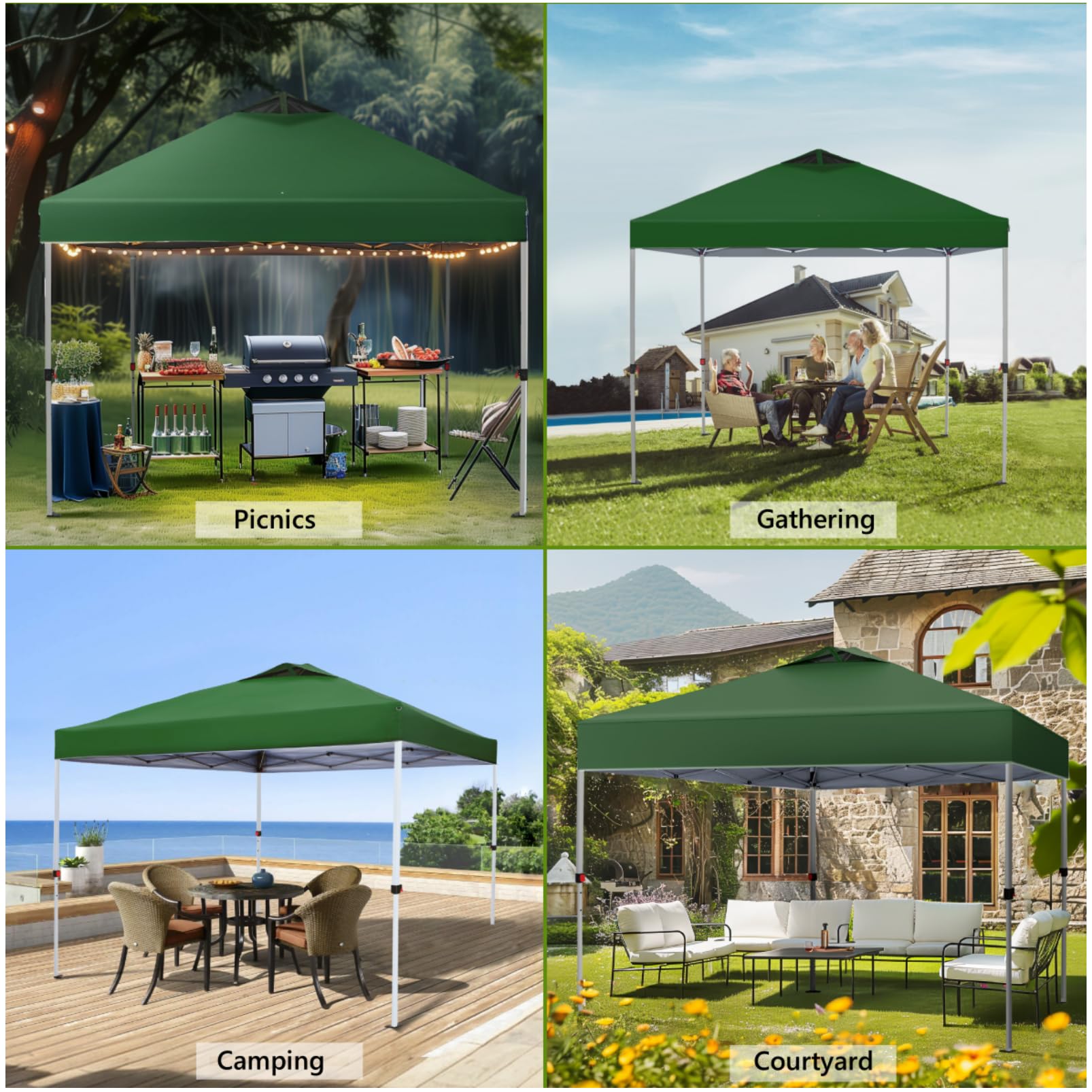 MFSTUDIO 10x10 Pop Up Canopy Tent - Waterproof Gazebo Shelter with Sun Shade, Portable Outdoor Screen Tent for Beach, Backyard, Camping, Parties & Picnics - Green