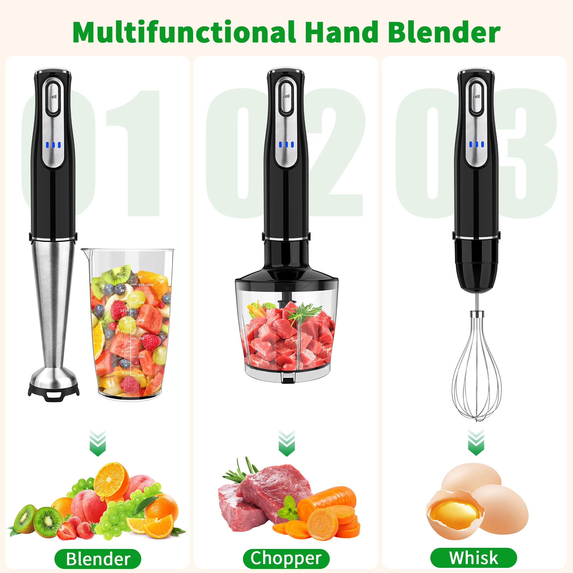 Rechargeable 4-in-1 Cordless Immersion Blender with Stainless Steel Blade - Handheld Electric Stick Blender with Chopper, Beaker & Whisk - Perfect for Soups, Baby Food, Smoothies & Kitchen Blending Tasks