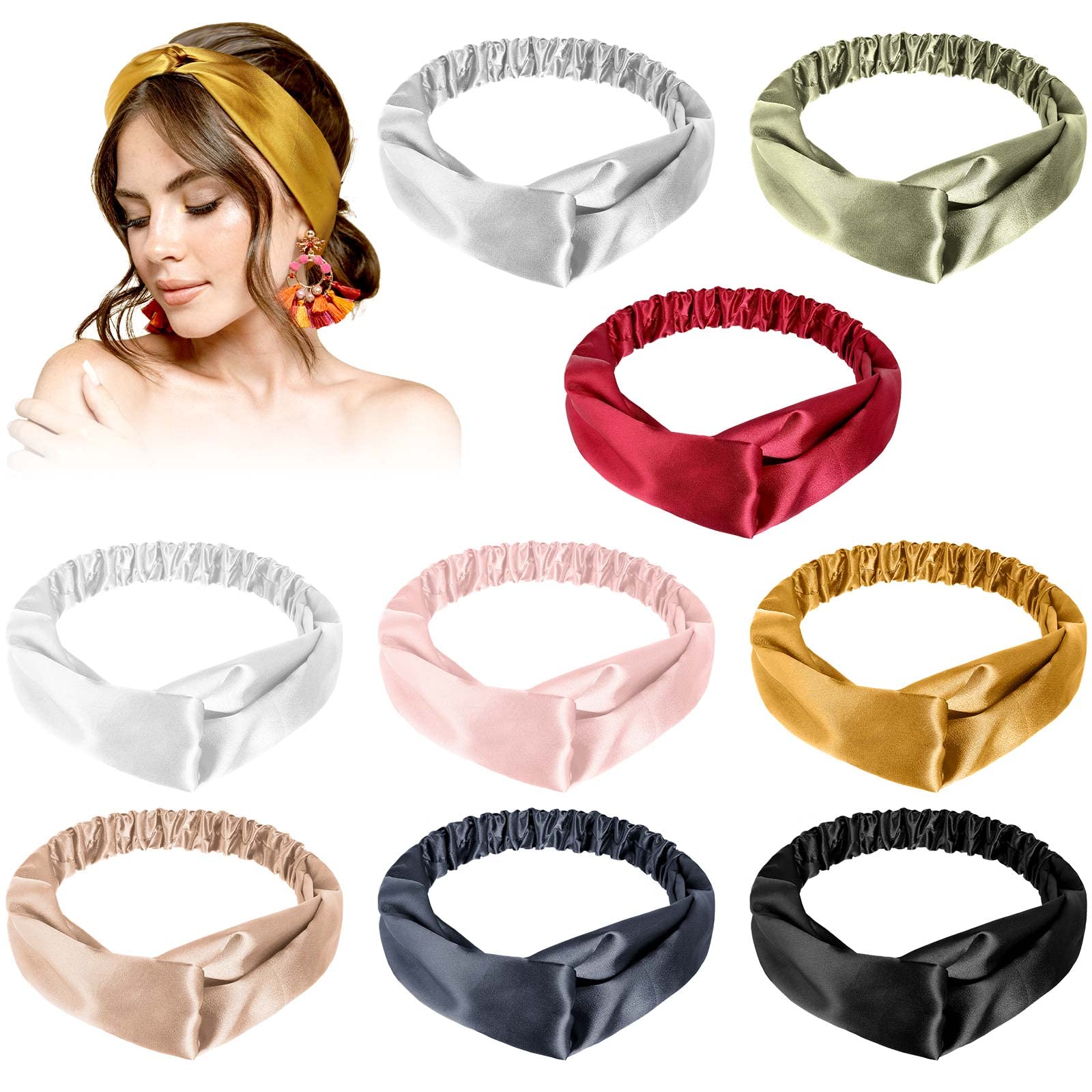 MTLEE 9-Piece Elastic Hair Wraps & Adjustable Satin Headbands Set - Soft Twisted Turban Headbands for Women & Girls - 9 Color Options - Perfect for Face Washing, Sleeping, Yoga & Home Relaxation