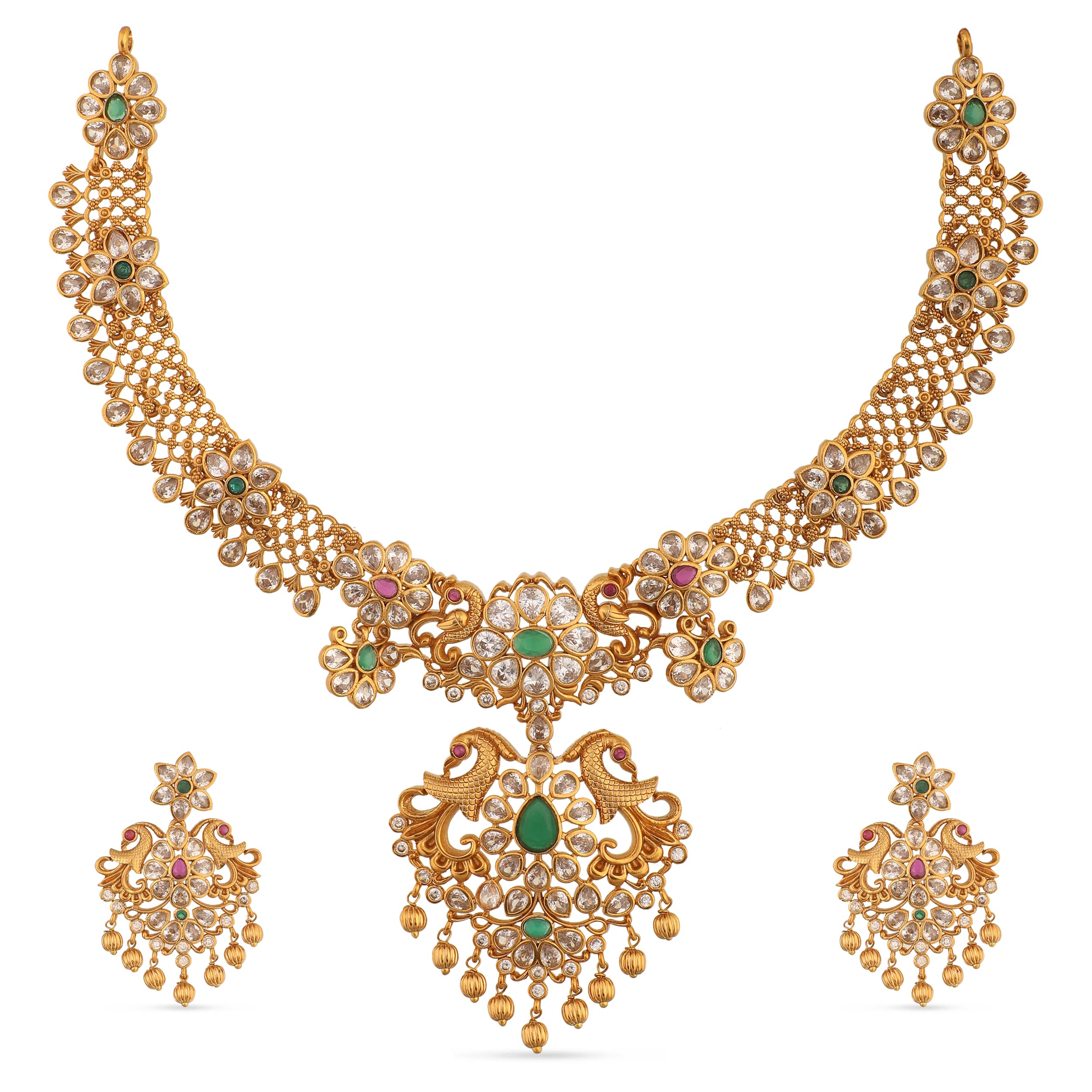 Antique Gold Plated Vira Short Necklace Set with Floral Design - Traditional South Indian Jewelry for Women | Perfect for Weddings, Festivals & Ethnic Occasions | 1 Year Warranty | Elegant Gift for Brides & Cultural Events