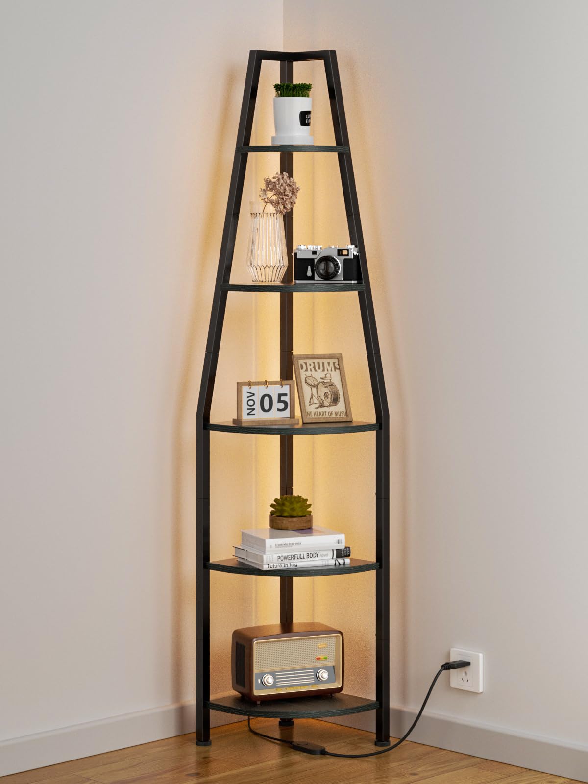 5-Tier Corner Shelf with LED Light - Tall Narrow Bookshelf for Bedroom, Living Room & Plant Storage