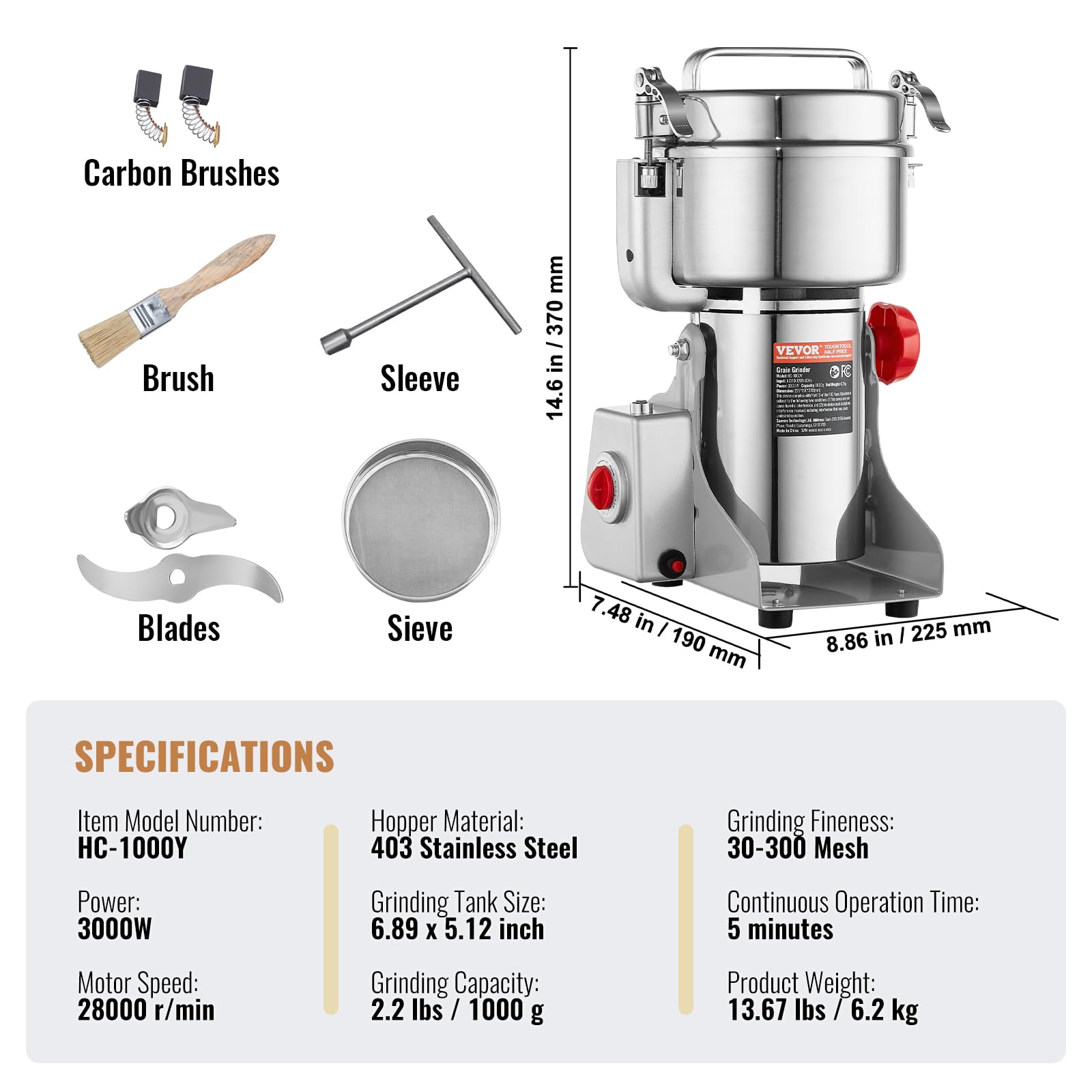 VEVOR 1000g Electric Grain Mill Grinder - 3000W High-Speed Commercial Spice Grinder | Stainless Steel Powder Machine for Coffee, Corn, Pepper & Dry Grains | Perfect for Bakeries, Coffee Shops & Home Kitchens