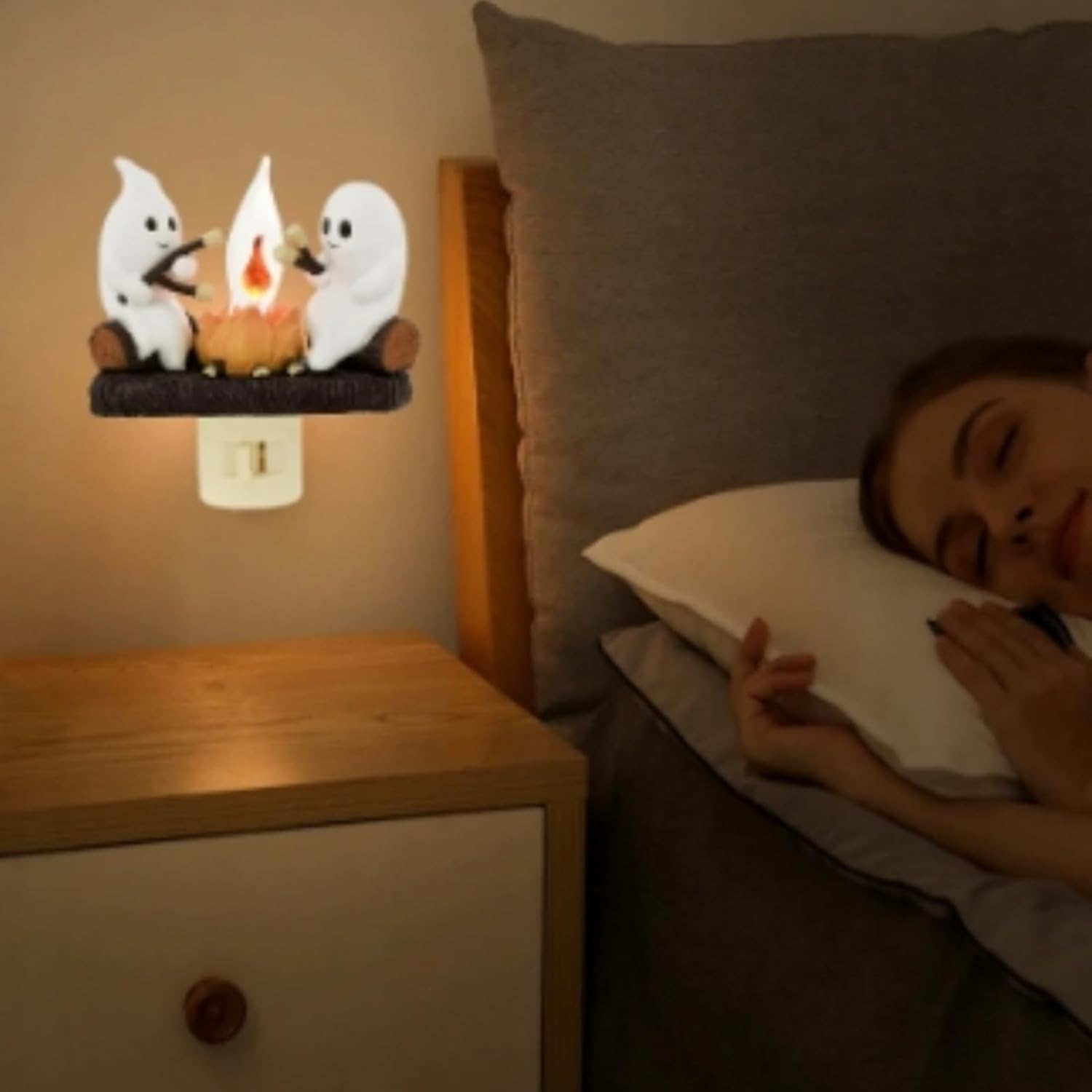 Ghost Campfire Flickering Night Light - Halloween Decor Plug-in Wall Light with Realistic Faux Flame Effect (3 Pack) - Perfect for Spooky Home Decor, Kids' Room, and Halloween Party Atmosphere