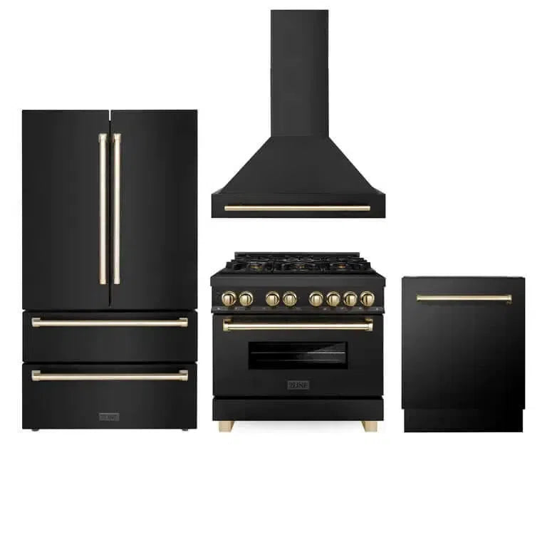 ZLINE Autograph Edition 36-inch Black Stainless Steel Kitchen Package - Dual Fuel Range, Range Hood, Dishwasher & Refrigerator with Polished Gold Accents | Premium Cooking Appliances for Modern Kitchens (4AKPR RABRHDWV36 G)