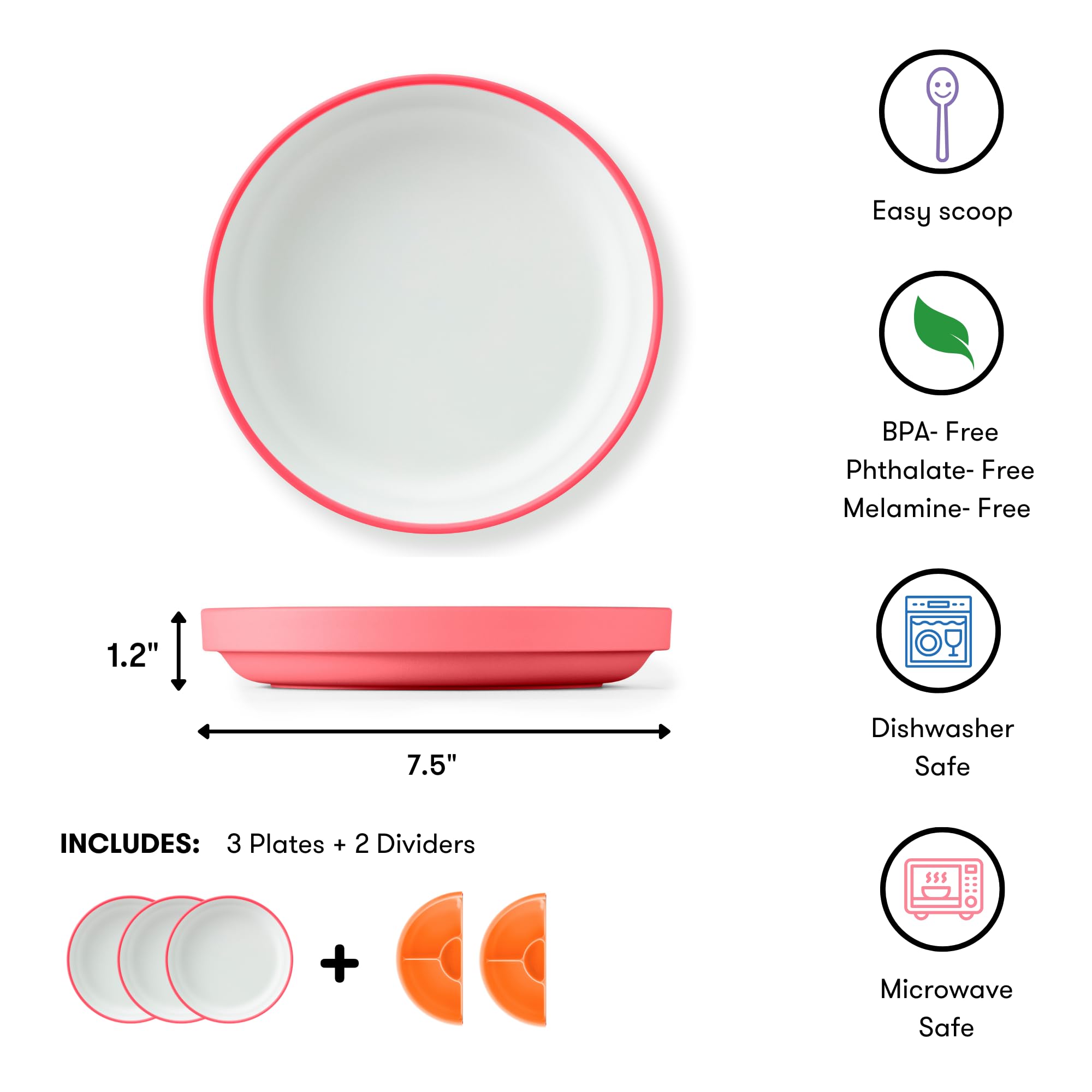 Omie® Easy Scoop Kids Plates - Eco-Friendly Plant-Based Dishware with Built-In Spoon Guide | 3 Divided Plates + 2 Silicone Dividers | Pink | Perfect for Toddler Mealtime & Mess-Free Dining