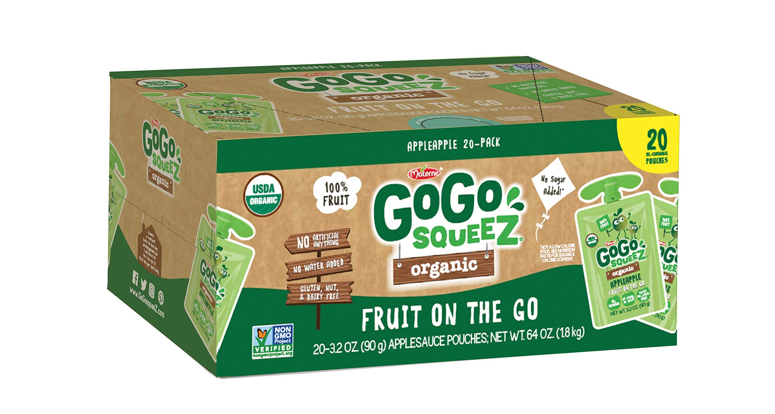Organic GoGo SqueeZ Applesauce Pouches - Gluten Free, Non-GMO, No Added Sugar, 20 Count - Healthy Snack for Kids Lunchboxes, On-The-Go & Outdoor Activities