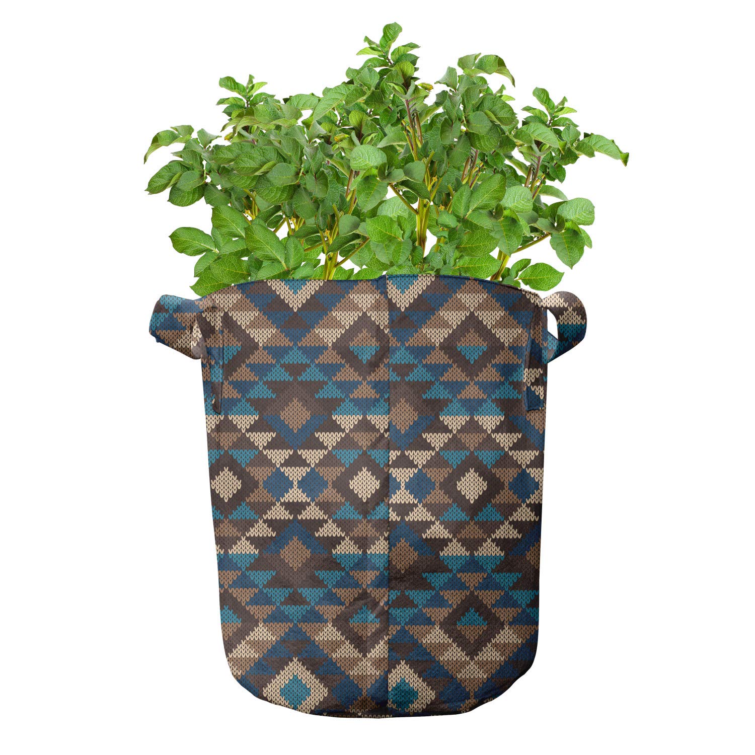 Ambesonne 5-Pack Heavy Duty Knitted Jacquard Grow Bags - 7 Gallon Fabric Plant Pots with Handles for Vegetables, Herbs & Flowers - Ethnic Brown & Dark Blue Design - Ideal for Indoor Gardening, Balcony & Patio Plants