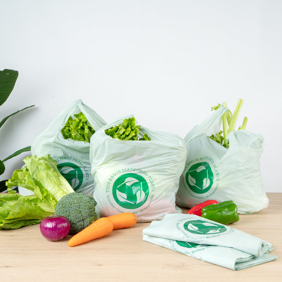 Eco-Friendly Compostable Green Plastic T-Shirt Bags - 1/6 Size (12