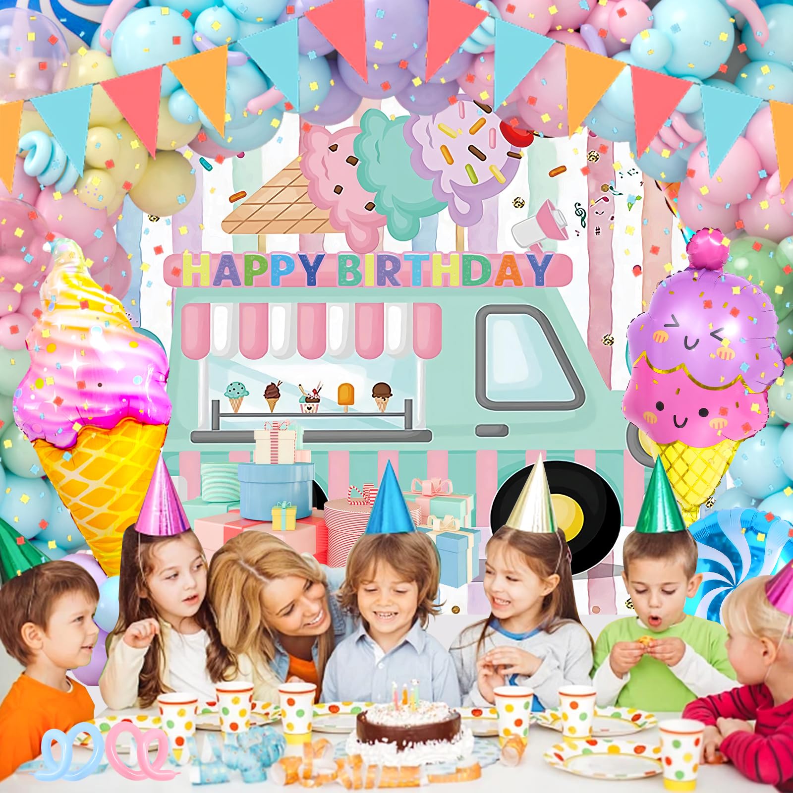 Pastel Ice Cream Party Decorations Kit - Balloon Garland Arch, Backdrop, Tablecloth & Candy Strip Balloons for Girls Birthday - Sweet Ice Cream Theme Party Supplies for Baby Shower, Bridal Shower & Kids Celebration